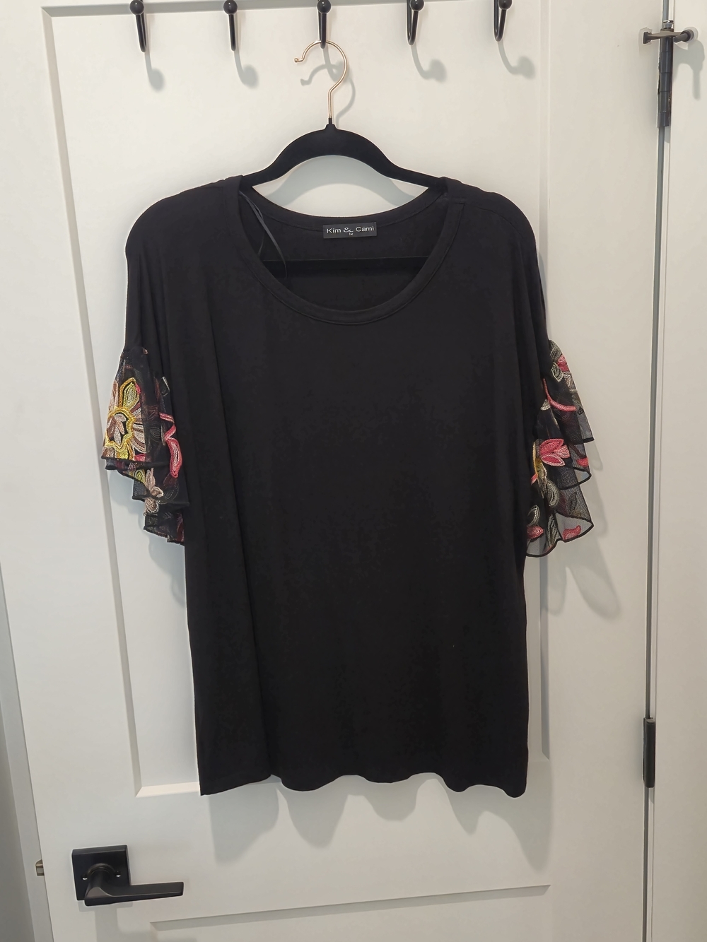 Kim & Cami Black Tee with Floral Embroidered Ruffle Sleeves